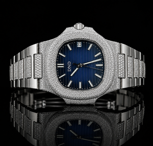 Mens Sapphire Crystal White Gold <b>Case</b> Moissanite Band Vintage Mechanical <b>Watch</b> Auto Date Royal Blue Dial 10m Water Resistant - Product Image 1