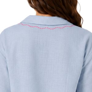 Camisa de Manga Corta para Mujer, Bordada con Flores Azul Claro, Blusa Informal de Verano de Algodón con Cuello y Botones, Tops de Moda Personalizados OEM - Product Image 6