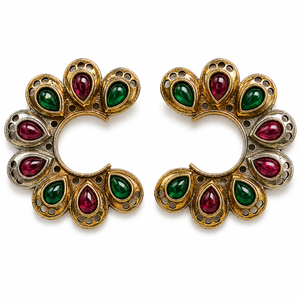 Boucles d'oreilles clous géométriques bicolores vintage tendance plaqué or antique pour femme, serties de zircons vert et rose, vente en gros - Product Image 1