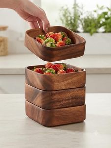 Natural Wooden Square Serving Bowl Set of 4 Acacia Wood Snack Bowls Handmade Wooden Dipping Bowls for Nuts Dry Fruits Salad - Product Image 1