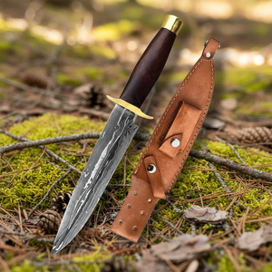 Couteau Viking Art Bowie à lame en acier Damas fait main, manche en bois de rose poli |   Étui en cuir de qualité supérieure pour le camping et les cadeaux - Product Image 1