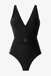 Maillot de bain une pièce blanc pour femme, col en V profond, coupe haute, détail boutonné, tissu extensible - Product Image 2