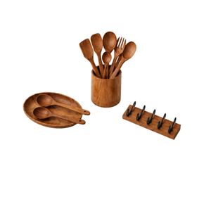 Juego de Cucharas de Cocina ARTERRA Premium Hechas a Mano de Madera de Teca, Espátula de Mango Largo, Utensilios de Cocina con Soporte, Vajilla para Villa - Product Image 1