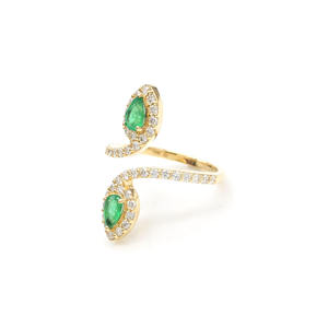 Anillo ajustable Toi et Moi Serpent Bypass de oro amarillo de 14 quilates con diamantes naturales y esmeralda talla pera con halo para mujer - Product Image 2
