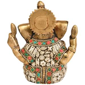 Idole du seigneur Ganesha de 4 pouces faite à la main dans la sculpture en laiton Ashirwad Mudra d'Inde - Product Image 2