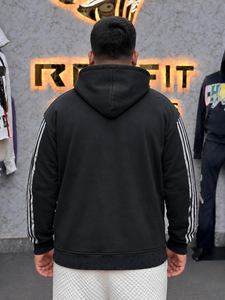 Sweat à capuche zippé pour homme, coupe oversize, 100% coton épais, avec manches imprimées personnalisées, strass et effet vieilli, style streetwear - Product Image 3
