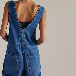 Salopette en jean pour femme, couleur unie, taille haute, coupe ample, délavée, respirante, style décontracté d'été, short-combinaison, très vendue - Product Image 2