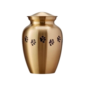 Urne funéraire artisanale en laiton massif doré brossé avec empreinte de patte noire pour cendres d'animaux de compagnie, vente en gros - Product Image 1