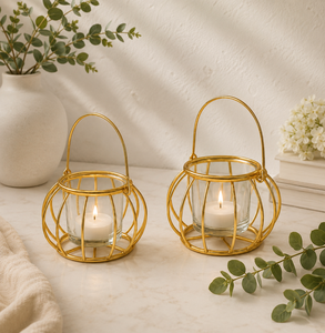 Premium Gold Wire Candle Holder with Glass Insert Set of 2 Gold Metal <b>Lantern</b> Candle Holder with Handle Portable Home Decoration - Product Image 1