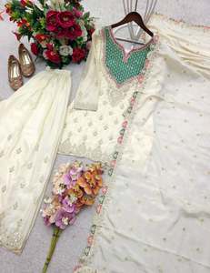 Designer Embroidery Coding Sequence Work With Mirror And Diamond Work Chinon Silk <b>Top</b> With Bottom And Dupatta Fully Stitched - Product Image 5