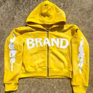 Glory Sweat à capuche zippé pour homme, style streetwear, avec logo personnalisé, en tissu épais, délavé à l'acide, effet vieilli vintage, coupe courte, broderie de strass, OEM - Product Image 6