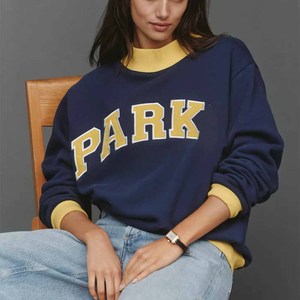 Women Parke Embroidery Graphic Color Block <b>Mock</b> <b>Neck</b> Cotton Oversized Sweatshirt OEM/ODM Long Sleeve Casual Pullover Sweater - Product Image 2