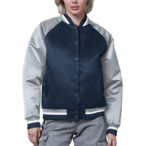 <b>Women's</b> Varsity <b>Jacket</b> <b>Navy</b> Gray Full Sleeve Button Up Contrast Color Solid Pattern Polyester Woven Autumn Style - Product Image 1