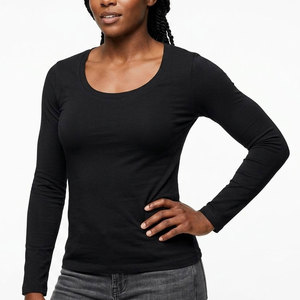 Women's Scoop Neck Long Sleeve T-<b>Shirt</b> Slim Fit Soft Cotton Stretch Plain Basic Top Custom OEM Wholesale Service - Product Image 1