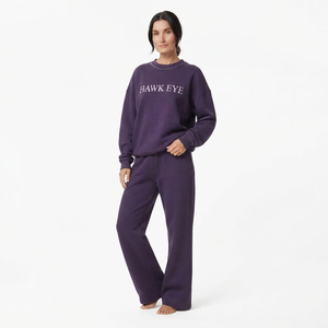 ชุดวอร์มผ้าฝ้ายสีม่วงสำหรับผู้หญิง แบบสองชิ้น เสื้อแขนยาวคอกลม กางเกงขายาวทรงหลวม สวมใส่สบายๆ - Product Image 6