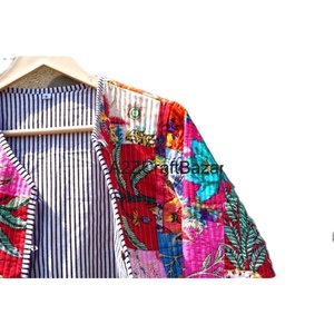 Veste matelassée en coton faite à la main pour femmes, col en V, patchwork, motif floral, rayure imprimée, respirante, réversible, décontractée, courte - Product Image 3