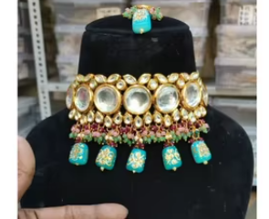 <b>Kundan</b> Meenakari Ethnic <b>Jewelry</b> Set Gold Plated Brass Necklace Earrings Pearls Custom Shape Weddings Engagements Bridal Parties - Product Image 2