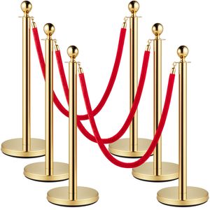 Poteaux de barrière en acier inoxydable doré avec cordes en velours rouges de 1,5 m (5 pi) et embouts sphériques rouges, pour le contrôle des foules et les supports de bannières - Product Image 3