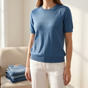 T-shirt décontracté en tricot côtelé Azure (P8T26205) - Product Image 4