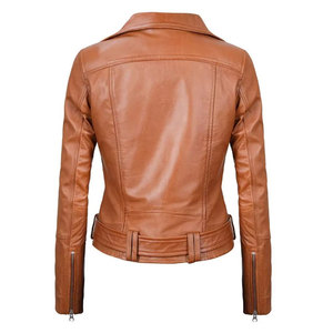 Chaqueta de Motociclista de Cuero de Oveja Marrón para Mujer, Manga Larga, Transpirable, Cierre de Cremallera, Cuello Camisero, Largo Regular - Product Image 4