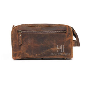 Double Zip Genuine Leather Mens Travel Toiletry Wash Bag - Product Image 2