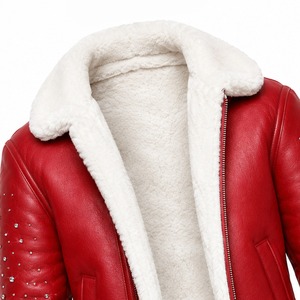 Custom Red Shearling Bomber <b>Jacket</b> with <b>Rhinestone</b> Embellished Sleeves and White Fur Trim Vintage Winter Unisex Front Design - Product Image 6