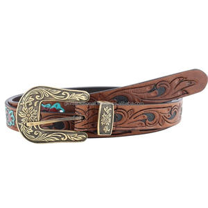 Premium Material Long Lasting Tan Floral Engraved Western <b>Leather</b> Tooling <b>Belt</b> for Unisex With Designer Western Buckle Set - Product Image 2
