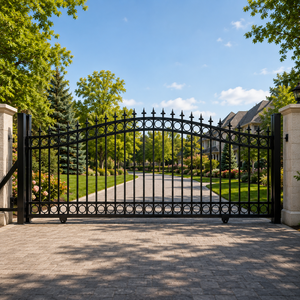 Black Wrought Iron Sliding Driveway <b>Gate</b> with <b>Arched</b> Top Spear Finials Ring Design for Villa Garden Entrance Security - Product Image 1