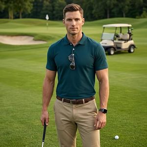 Herren Dunkelgrünes Kurzarm-Poloshirt Regular Fit Baumwoll-Jersey Lässiges Einfarbiges Atmungsaktives Strickdesign mit Knopfleiste Vorne - Product Image 2