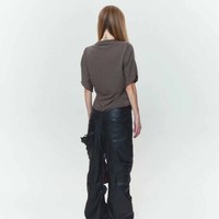 Atasan Crop Wanita Ukuran Besar Lengan Pendek Bahu Jatuh Warna Polos Kaos Rajut Longgar Leher O Cocok untuk Semua Musim