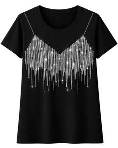 Camiseta de Algodón Negra Personalizada para Mujer, con Gráfico de Corazón con Pedrería, Informal, de Manga Corta, Top de Verano a la Moda, Fabricante de Logotipos Personalizados OEM - Product Image 1