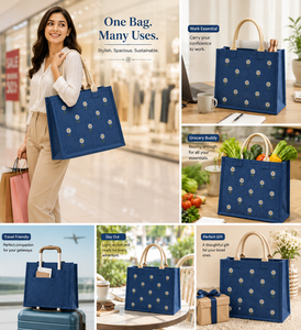 กระเป๋าโท้ทผ้าปอกระเจาสีน้ำเงินลายดอกไม้พร้อมลายปักดอกไม้ - Product Image 3