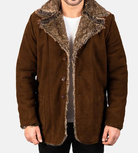 Veste en cuir pour homme de haute qualité, sur mesure, avec fourrure, coupe ajustée, noire, longue, manches en cuir, pour l'hiver - Product Image 1