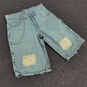 Shorts en jean noir pour homme, style boyfriend, avec broderie fleur de cerisier, déchirés et vieillis, taille basse, style décontracté d'été - Product Image 4