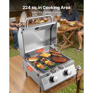 2-Burner <b>Stainless</b> <b>Steel</b> Tabletop <b>Gas</b> Grill Portable Propane <b>BBQ</b> with Built-In Thermometer Weatherproof Lid Travel Locks - Product Image 3