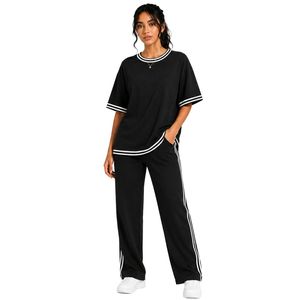 Black And <b>White</b> Women Oversized T Shirt And Wide Leg Pants Lounge <b>Set</b> Custom Casual Two <b>Piece</b> Outfit With Contrast Stripe - Product Image 1