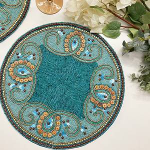 Handmade Knitted Floral Pattern Polyester/Cotton Eco-Friendly Home Use <b>Placemat</b> Set Teal & Wood <b>Beads</b> 14 Inch - Product Image 1