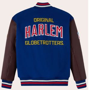 เสื้อแจ็คเก็ตวาร์ซิตี้ Harlem Globetrotters ระดับพรีเมียม |   หนังบัฟฟาโลสีดำและสีน้ำเงิน รุ่นพิเศษ ราคาดีที่สุด ผลิตตามสั่ง สปอร์ต เฮอริเทจ - Product Image 1