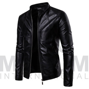 Men's Black Leather Moto <b>Jacket</b> Slim Fit Stand Collar Zipper Closure Regular Length Solid Color Biker Style - Product Image 5
