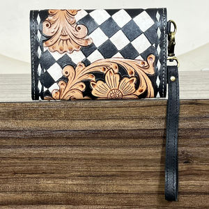 Western 2026 Tooled Leather Wallet Checkered Pattern Cowgirl <b>Wristlet</b> Wallet Boutique Clutch Purses RFID Card Holder Organizer - Product Image 5