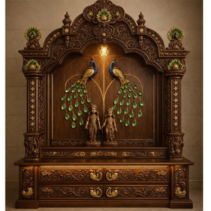 Peacock Design Door Carving Wooden Pooja Mandir Hand Carved Wooden Mandir With Peacock Carving Home Shrine With Storage Sydney - Product Image 4