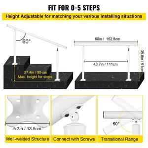Kit Ringhiera per Scale Esterne in Alluminio da 1,5 m con Corrimano Bianco ad Angolo Regolabile per 0-5 Gradini, Accessibile agli Anziani - Product Image 3