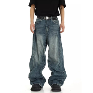 Denim Unisex 100% Cotton Quick Dry High Waist Heavyweight Vintage Regular Fit Straight Embroidery Multiple colors <b>Baggy</b> Style - Product Image 2