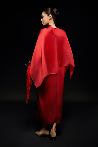 <b>Red</b> <b>Silk</b> Organza Woven Crew Neck Full Sleeve Loose Waist Minimalist Fancy Formal Cocktail Side Slit Summer Daily OEM Midi Dress - Product Image 4