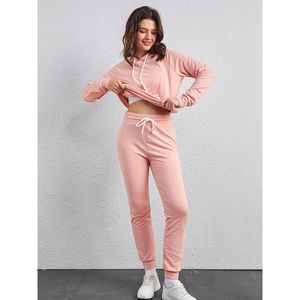 Conjunto deportivo de dos piezas para mujer, otoño invierno, informal, para correr, de alta calidad, sudadera corta con capucha y pantalones deportivos. - Product Image 4