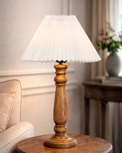Solid wood bubble <b>table</b> lamp white pleated shade farmhouse <b>bedside</b> light for bedroom home decor gifting wholesale OEM - Product Image 3