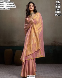 PRIYANSHI Tissue Silk Saree Zari Weaving Pink Yellow <b>Blouse</b> for Women Wedding Wear Regular Fit Floor Length Wrinkle-Free - Product Image 1