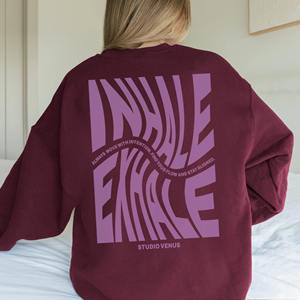 Sweat-shirt personnalisé imprimé Pilates « Inhale Exhale » en gros, col rond, 100 % coton brodé, style streetwear oversize DM - Product Image 2