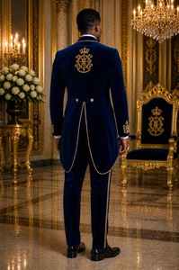 Traje de esmoquin para hombre, talla grande, marrón y azul, bordado a mano, con lentejuelas pesadas, estilo militar, para boda - Product Image 3