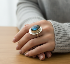 Bague en argent 925 avec pierre de labradorite bleue, boule en laiton, faite à la main, style bohème, plaquée or rose et or jaune, bijou pour elle - Product Image 5
